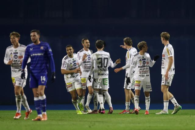 (260116) -- ZAGREB, Jan. 16, 2026 (Xinhua) -- Players of TSV Hartberg celebrate a goal during a friendly football match between GNK Dinamo Zagreb and TSV Hartberg in Zagreb, Croatia, on Jan. 15, 2026. (Photo by Slavko Midzor/PIXSELL via Xinhua)