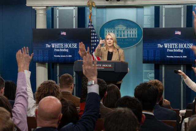 (260116) -- WASHINGTON, Jan. 16, 2026 (Xinhua) -- White House Press Secretary Karoline Leavitt gestures during a press briefing at the White House in Washington, D.C., the United States, on Jan. 15, 2026. U.S. President Donald Trump is keeping all options on the table for responding to Iran's unrest, White House Press Secretary Karoline Leavitt said Thursday. (Photo by Li Yuanqing/Xinhua)