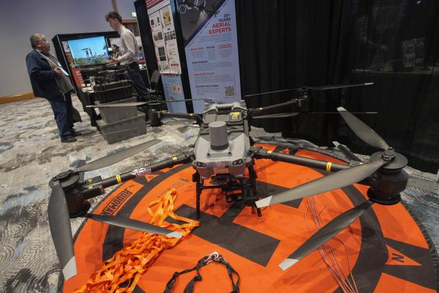 (260116) -- VANCOUVER, Jan. 16, 2026 (Xinhua) -- A forestry drone is on display during the 2026 Truck Loggers Association Convention and Trade Show in Vancouver, British Columbia, Canada, Jan. 15, 2026. (Photo by Liang Sen/Xinhua)