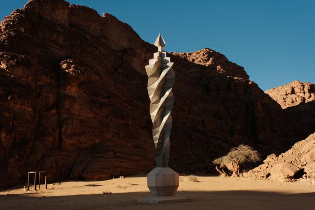 (260116) -- ALULA, Jan. 16, 2026 (Xinhua) -- This photo taken on Jan. 15, 2026 shows an artwork exhibited during a preview of the art exhibition Desert X AlUla held in AlUla, Saudi Arabia. Running from Jan. 16 to Feb. 28, Desert X AlUla opens its fourth edition here on Friday, showcasing 11 site-responsive artworks across valleys, canyons, and oases under the theme "Space Without Measure." (Xinhua/Xin Mengchen)