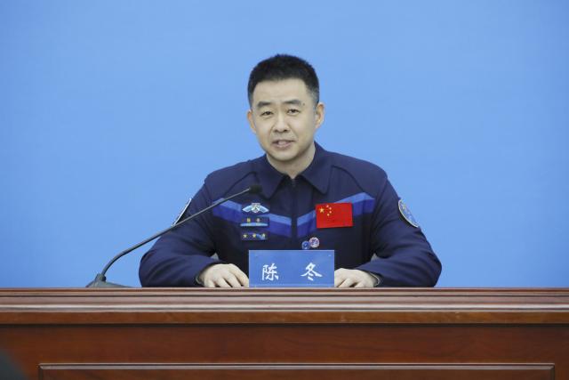 (260116) -- BEIJING, Jan. 16, 2026 (Xinhua) -- Astronaut Chen Dong from China's Shenzhou-20 crewed mission speaks during a press conference in Beijing, capital of China, Jan. 16, 2026. The three astronauts from China's Shenzhou-20 crewed mission met the press in Beijing on Friday, their first public appearance after returning to Earth in November last year. (Xinhua/Li Minggang)
