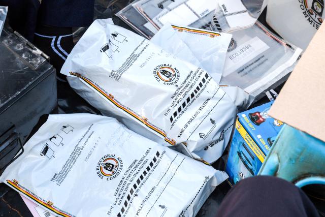 (260116) -- KAMPALA, Jan. 16, 2026 (Xinhua) -- This photo taken on Jan. 15, 2026 shows sealed ballot bags at a polling station in Kampala, Uganda. Initial results show Uganda's incumbent President Yoweri Museveni took a lead in the presidential election, the country's electoral body said on Friday.
   Uganda on Thursday held presidential and parliamentary elections, with more than 21 million Ugandans expected to cast ballots to elect the president and 353 directly elected members of parliament.
   TO GO WITH "Preliminary results show Museveni leads Uganda's presidential election" (Photo by Hajarah Nalwadda/Xinhua)