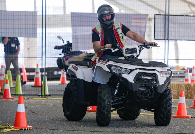 (260117) -- ABBOTSFORD, Jan. 17, 2026 (Xinhua) -- A man test-rides an All-Terrain Vehicles (ATV) during the 2026 BC Motorcycle and Powersports Show in Abbotsford, British Columbia, Canada, on Jan. 16, 2026. The three-day event kicked off here on Friday, featuring the latest motorcycles, cruisers, off-road bikes, All-Terrain Vehicles (ATV), and electric-powered vehicles. (Photo by Liang Sen/Xinhua)