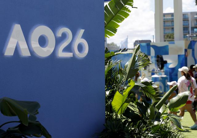 (260117) -- MELBOURNE, Jan. 17, 2026 (Xinhua) -- This photo taken on Jan. 17, 2026 shows the Australian Open 2026 logo at Melbourne Park in Melbourne, Australia. The main draw of the Australian Open tennis tournament 2026 runs at Melbourne Park in Melbourne, Australia, from Jan. 18 to Feb. 1, 2026. (Xinhua/Ma Ping)