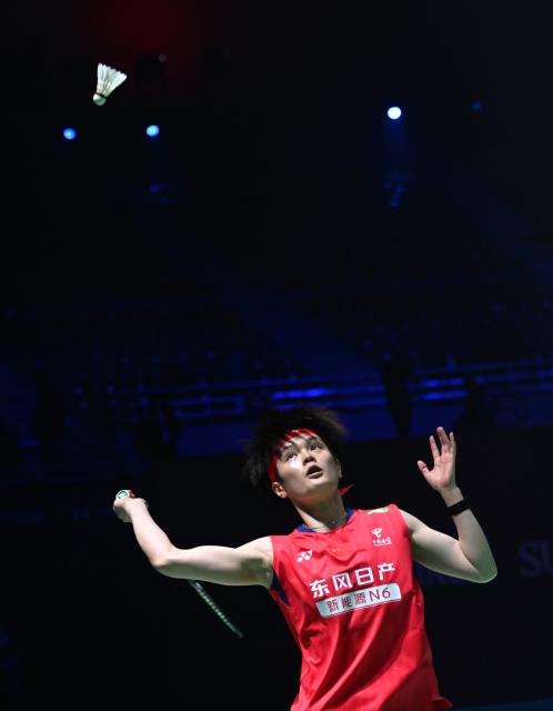 (260117) -- NEW DELHI, Jan. 17, 2026 (Xinhua) -- China's Wang Zhiyi returns the shuttlecock during the women's singles semifinal match against her compatriot Chen Yufei at India Open badminton tournament 2026 in New Delhi, India, Jan. 17, 2026. (Photo by Javed Dar/Xinhua)