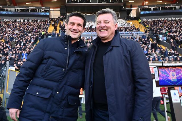 (260118) -- UDINE, Jan. 18, 2026 (Xinhua) -- Inter Milan's head coach Cristian Chivu (L) and Udinese's head coach Kosta Runjaic pose for a photo during a Serie A football match between Udinese and Inter Milan in Udine, Italy, Jan.17, 2026. (Photo by Diego Petrussi/Xinhua)