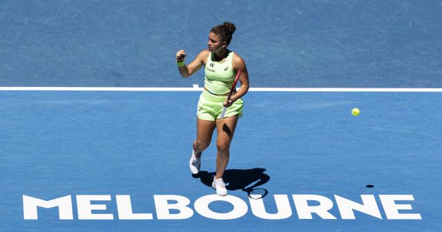(260118) -- MELBOURNE, Jan. 18, 2026 (Xinhua) -- Jasmine Paolini celebrates during the women's singles 1st round match between Jasmine Paolini of Italy and Aliaksandra Sasnovich of Belarus at the Australian Open tennis tournament in Melbourne, Australia, Jan. 18, 2026. (Photo by Hu Jingchen/Xinhua)