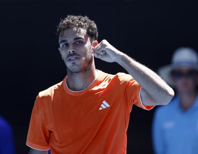(260118) -- MELBOURNE, Jan. 18, 2026 (Xinhua) -- Francisco Cerundolo of Argentina celebrates winning the men's singles first round match between Zhang Zhizhen of China and Francisco Cerundolo of Argentina at the Australian Open tennis tournament 2026 in Melbourne, Australia, Jan. 18, 2026. (Xinhua/Ma Ping)