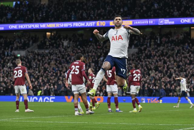 (260118) -- LONDON, Jan. 18, 2026 (Xinhua) -- Cristian Romero (top) of Tottenham Hotspur celebrates scoring during the English Premier League match between Tottenham Hotspur and West Ham United in London, Britain, on Jan. 17, 2026. (Xinhua)
FOR EDITORIAL USE ONLY. NOT FOR SALE FOR MARKETING OR ADVERTISING CAMPAIGNS. NO USE WITH UNAUTHORIZED AUDIO, VIDEO, DATA, FIXTURE LISTS, CLUB/LEAGUE LOGOS OR "LIVE" SERVICES. ONLINE IN-MATCH USE LIMITED TO 45 IMAGES, NO VIDEO EMULATION. NO USE IN BETTING, GAMES OR SINGLE CLUB/LEAGUE/PLAYER PUBLICATIONS.