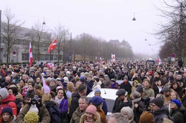 (260118) -- COPENHAGEN, Jan. 18, 2026 (Xinhua) -- Demonstrators gather to protest against U.S. actions and remarks suggesting control over Greenland in front of the U.S. Embassy in Copenhagen, Denmark, on Jan. 17, 2026. (Photo by Liu Zhichao/Xinhua)