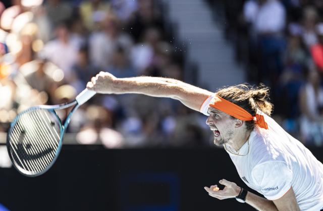 (260118) -- MELBOURNE, Jan. 18, 2026 (Xinhua) -- Alexander Zverev serves during the men's singles 1st round match between Alexander Zverev of Germany and Gabriel Diallo of Canada at the Australian Open tennis tournament in Melbourne, Australia, Jan. 18, 2026. (Photo by Hu Jingchen/Xinhua)