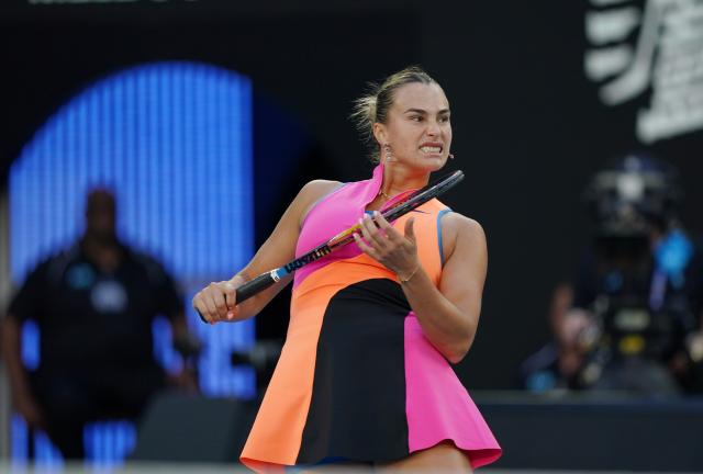 (260118) -- MELBOURNE, Jan. 18, 2026 (Xinhua) -- Aryna Sabalenka of Belarus reacts while competing against Tiantsoa Rakotomanga Rajaonah of France during the women's singles 1st round match at the Australian Open tennis tournament in Melbourne, Australia, Jan. 18, 2026. (Photo by Wang Shen/Xinhua)