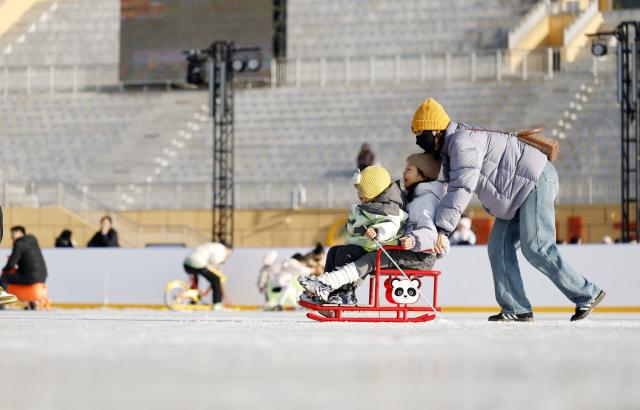 (260118) -- YINCHUAN, Jan. 18, 2026 (Xinhua) -- People have fun on an ice rink at a park in Yinchuan, northwest China's Ningxia Hui Autonomous Region, Jan. 17, 2026. (Xinhua/Wang Peng)