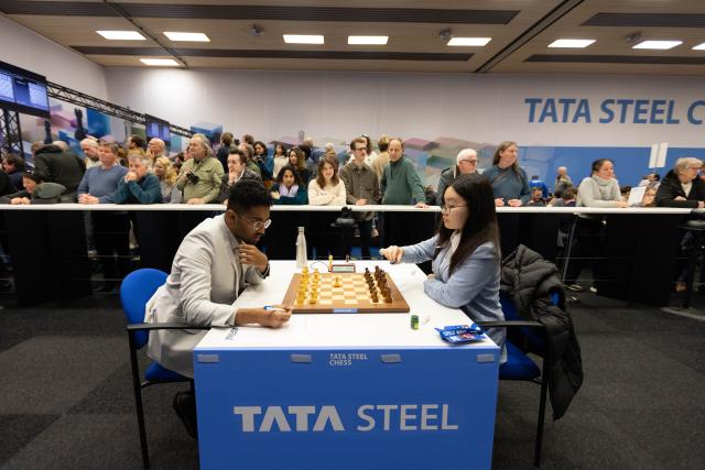 (260119) -- WIJK AAN ZEE, Jan. 19, 2026 (Xinhua) -- Lu Miaoyi (R) of China competes against Panesar Vedant of India during the second round of Tata Steel Chess Tournament 2026 in Wijk aan Zee, the Netherlands, on Jan. 18, 2026. (Photo by Sylvia Lederer/Xinhua)
