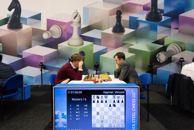 (260119) -- WIJK AAN ZEE, Jan. 19, 2026 (Xinhua) -- Vincent Keymer (R) of Germany competes against Vladimir Fedoseev of Slovenia during the second round of Tata Steel Chess Tournament 2026 in Wijk aan Zee, the Netherlands, on Jan. 18, 2026. (Photo by Sylvia Lederer/Xinhua)