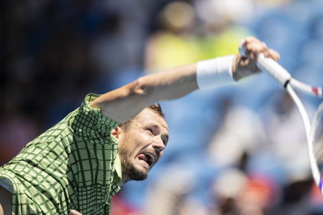 (260119) -- MELBOURNE, Jan. 19, 2026 (Xinhua) -- Daniil Medvedev of Russia serves during the men's singles 1st round match against Jesper de Jong of the Netherlands at the Australian Open tennis tournament in Melbourne, Australia, Jan. 19, 2026. (Photo by Hu Jingchen/Xinhua)