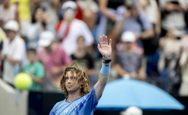 (260119) -- MELBOURNE, Jan. 19, 2026 (Xinhua) -- Andrey Rublev of Russia celebrates after winning the men's singles 1st round match against Matteo Arnaldi of Italy at the Australian Open tennis tournament in Melbourne, Australia, Jan. 19, 2026. (Photo by Hu Jingchen/Xinhua)