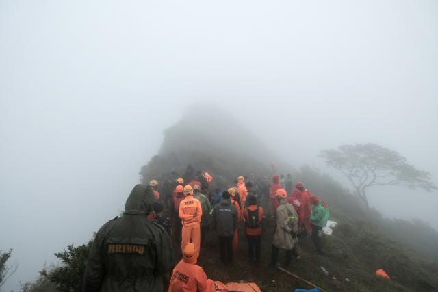 (260119) -- SOUTH SULAWESI, Jan. 19, 2026 (Xinhua) -- Rescue team members stand near the debris of the crashed ATR 42-500 aircraft near the summit of Mount Bulusaraung in Pangkep regency, South Sulawesi, Indonesia, Jan. 18, 2026. Indonesian rescuers have found one victim from the crashed ATR 42-500 aircraft on Mount Bulusaraung in Pangkep regency, South Sulawesi, authorities said on Sunday.
   The ATR 42-500 aircraft reportedly lost contact over Maros regency in South Sulawesi province. The plane was operating a flight from Yogyakarta to Makassar when communication with air traffic control was cut off on Saturday.
   According to official data, 10 people were on board the aircraft at the time it lost contact, comprising seven crew members and three passengers. (Photo by Muchtamir Zaide/Xinhua)