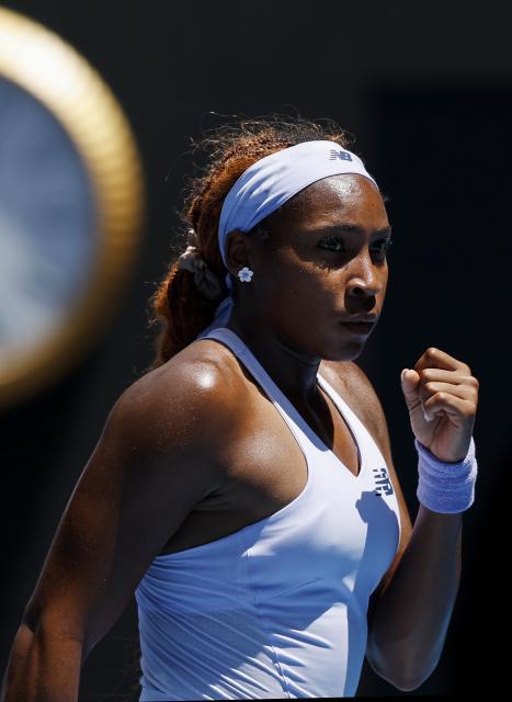 (260119) -- MELBOURNE, Jan. 19, 2026 (Xinhua) -- Coco Gauff of the United States reacts during the women's singles 1st round match against Kamilla Rakhimova of Uzbekistan at the Australian Open tennis tournament in Melbourne, Australia, Jan. 19, 2026. (Xinhua/Ma Ping)