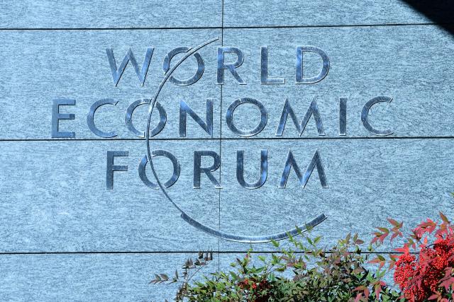 (260119) -- GENEVA, Jan. 19, 2026 (Xinhua) -- The logo of the World Economic Forum (WEF) is pictured at the WEF headquarters in Geneva, Switzerland, Jan. 14, 2026. TO GO WITH "Interview: China to contribute most to global economic growth in 2026, says WEF president" (Xinhua/Lian Yi)