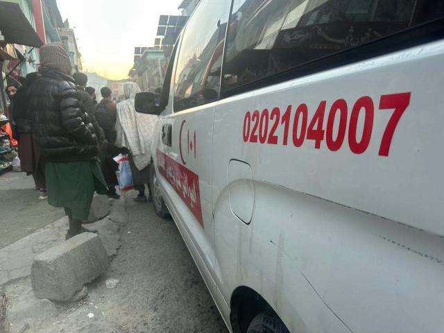(260119) -- KABUL, Jan. 19, 2026 (Xinhua) -- An ambulance is seen at the site of an explosion in Kabul, Afghanistan, Jan. 19, 2026. An explosion occurred in downtown Kabul on Monday afternoon, causing multiple civilian casualties. (Photo by Saifurahman Safi/Xinhua)
