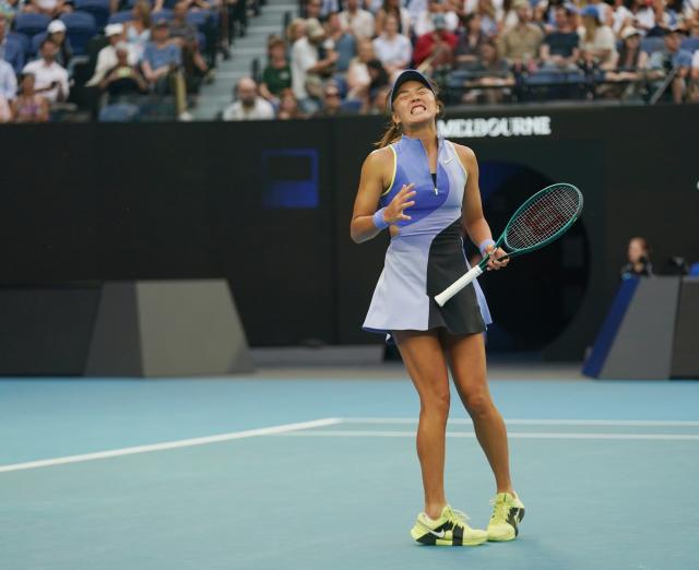 (260119) -- MELBOURNE, Jan. 19, 2026 (Xinhua) -- Yuan Yue reacts during the women's singles 1st round match between Yuan Yue of China and Iga Swiatek of Poland at the Australian Open tennis tournament in Melbourne, Australia, Jan. 19, 2026. (Photo by Wang Shen/Xinhua)