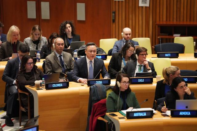 (260120) -- UNITED NATIONS, Jan. 20, 2026 (Xinhua) -- Sun Lei (2nd L, 2nd row), charge d'affaires of China's Permanent Mission to the United Nations, speaks at the first session of the Preparatory Committee for the UN Conference of Plenipotentiaries on Prevention and Punishment of Crimes Against Humanity at the UN headquarters in New York, Jan. 19, 2026. The Chinese envoy on Monday called on the international community to jointly prevent Japan from reverting to "the old and pernicious path of militarism." (Xinhua/Zhang Fengguo)