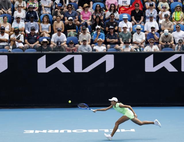 (260120) -- MELBOURNE, Jan. 20, 2026 (Xinhua) -- Zhang Shuai of China hits a return during the women's singles 1st round match against Taylah Preston of Australia at the Australian Open tennis tournament in Melbourne, Australia, Jan. 20, 2026. (Xinhua/Ma Ping)