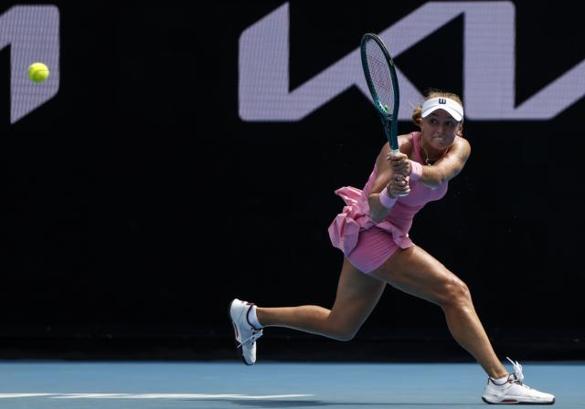 (260120) -- MELBOURNE, Jan. 20, 2026 (Xinhua) -- Taylah Preston of Australia hits a return during the women's singles 1st round match against Zhang Shuai of China at the Australian Open tennis tournament in Melbourne, Australia, Jan. 20, 2026. (Xinhua/Ma Ping)