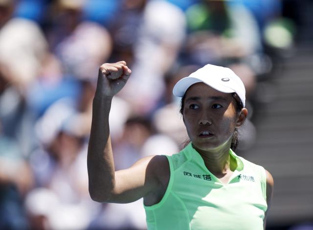 (260120) -- MELBOURNE, Jan. 20, 2026 (Xinhua) -- Zhang Shuai of China reacts during the women's singles 1st round match against Taylah Preston of Australia at the Australian Open tennis tournament in Melbourne, Australia, Jan. 20, 2026. (Xinhua/Ma Ping)