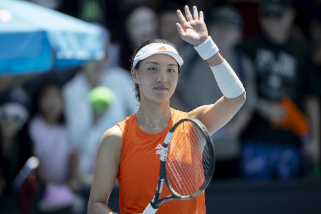 (260120) -- MELBOURNE, Jan. 20, 2026 (Xinhua) -- Wang Xinyu of China celebrates after winning the women's singles 1st round match against Anhelina Kalinina of Ukraine at the Australian Open tennis tournament in Melbourne, Australia, Jan. 20, 2026. (Photo by Hu Jingchen/Xinhua)