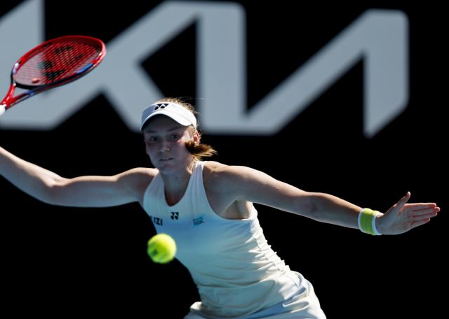 (260120) -- MELBOURNE, Jan. 20, 2026 (Xinhua) -- Elena Rybakina of Kazakhstan hits a return during the women's singles 1st round match against Kaja Juvan of Slovenia at the Australian Open tennis tournament in Melbourne, Australia, Jan. 20, 2026. (Xinhua/Ma Ping)