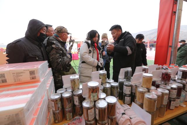 (260120) -- DINGXI, Jan. 20, 2026 (Xinhua) -- A vendor and a social media influencer promote local agricultural products via live-streaming at a Spring Festival shopping market in Anding District of Dingxi City, northwest China's Gansu Province, Jan. 19, 2026. The Spring Festival shopping market opened its doors at the potato trading center in Anding District of Dingxi City on Monday and will run until Chinese Lunar New Year's Eve. 
   The marketplace drew tens of thousands of visitors on the opening day, with agricultural specialties, local delicacies, children's entertainment, Qinqiang opera performances, and intangible cultural heritage experiences. There were also hundreds of social media influencers broadcasting the bustling market via live-streaming, and collaborating with on-site vendors to promote local high-quality agricultural products, in an effort to activate holiday consumption potential. (Photo by Wang Kexian/Xinhua)