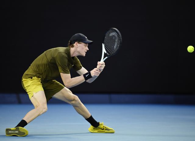 (260120) -- MELBOURNE, Jan. 20, 2026 (Xinhua) -- Jannik Sinner hits a return during the men's singles 1st round match between Hugo Gaston of France and Jannik Sinner of Italy at the Australian Open tennis tournament in Melbourne, Australia, Jan. 20, 2026. (Photo by Wang Shen/Xinhua)