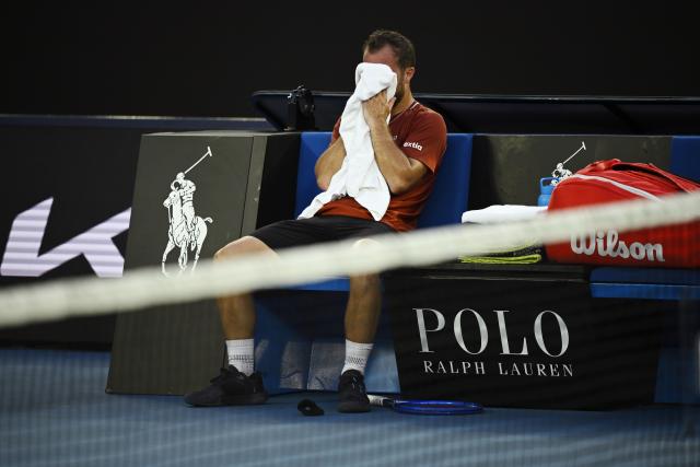 (260120) -- MELBOURNE, Jan. 20, 2026 (Xinhua) -- Hugo Gaston is seen during the men's singles 1st round match between Hugo Gaston of France and Jannik Sinner of Italy at the Australian Open tennis tournament in Melbourne, Australia, Jan. 20, 2026. (Photo by Wang Shen/Xinhua)