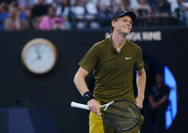 (260120) -- MELBOURNE, Jan. 20, 2026 (Xinhua) -- Jannik Sinner reacts during the men's singles 1st round match between Hugo Gaston of France and Jannik Sinner of Italy at the Australian Open tennis tournament in Melbourne, Australia, Jan. 20, 2026. (Photo by Wang Shen/Xinhua)