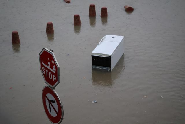 (260121) -- TUNIS, Jan. 21, 2026 (Xinhua) -- A refrigerator is seen floating on flood water in Tunis, Tunisia, Jan. 20, 2026. At least four people have been killed in Tunisia as the heaviest rainfall since 1950 caused flooding in the country, the state-run Tunis Afrique Presse (TAP) reported Tuesday. (Xinhua/Zhou Haojin)