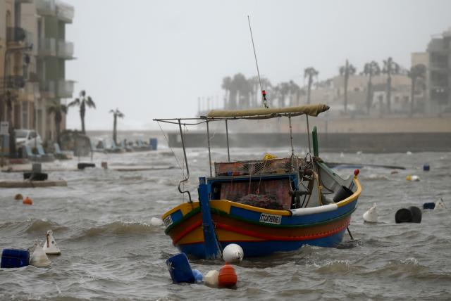 (260121) --  MARSASCALA, Jan. 21, 2026 (Xinhua) -- A boat is seen damaged by rough waves after Storm Harry hit Marsascala, eastern Malta, on Jan. 20, 2026, following strong storm and heavy rain. The coast of Malta was hit by strong winds and high waves as Storm Harry battered its islands. (Photo by Jonathan Borg/Xinhua)