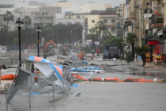 (260121) --  MARSASCALA, Jan. 21, 2026 (Xinhua) -- This photo taken on Jan. 20, 2026 shows a street affected by Storm Harry in Marsascala, eastern Malta. The coast of Malta was hit by strong winds and high waves as Storm Harry battered its islands. (Photo by Jonathan Borg/Xinhua)