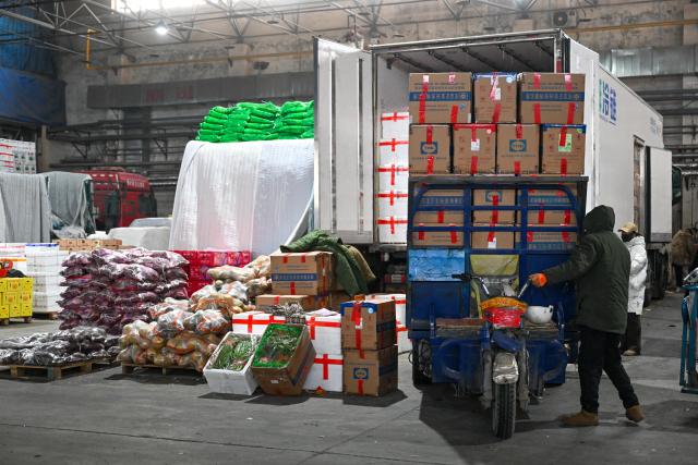 (260121) -- URUMQI, Jan. 21, 2026 (Xinhua) -- A vendor prepares to unload vegetables from a truck at the Jiuding agricultural products wholesale market in Urumqi, northwest China's Xinjiang Uygur Autonomous Region, Jan. 19, 2026. A massive cold wave has hit northwest China's Xinjiang Uygur Autonomous Region recently, causing sharp temperature drops. Authorities across sectors in the region have worked in coordination to ensure an ample supply of vegetables and fruits.
    The Jiuding agricultural products wholesale market in Urumqi, a regional logistics hub for agricultural produce, has launched a preemptive mechanism to secure supply sources and boost stocks in advance. At present, local markets are well stocked with vegetable and fruits, while prices remain stable. (Xinhua/Ding Lei)