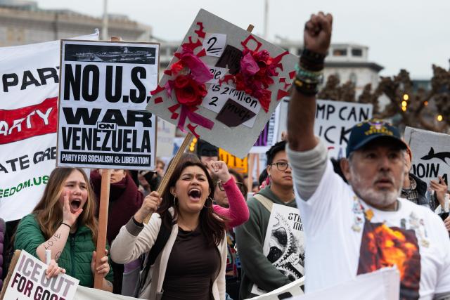 (260121) -- SAN FRANCISCO, Jan. 21, 2026 (Xinhua) -- People participate in a demonstration against the Trump administration's diplomatic and immigration policies in San Francisco, the United States, Jan. 20, 2026. (Photo by Ziyu Julian Zhu/Xinhua)