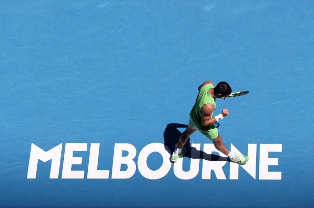 (260121) -- MELBOURNE, Jan. 21, 2026 (Xinhua) -- Carlos Alcaraz of Spain celebrates scoring during the men's singles 2nd round match against Yannick Hanfmann of Germany at the Australian Open tennis tournament in Melbourne, Australia, Jan. 21, 2026. (Xinhua/Ma Ping)