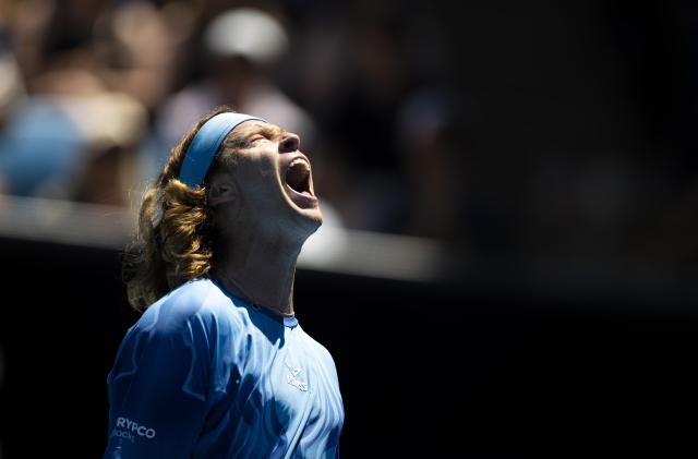 (260121) -- MELBOURNE, Jan. 21, 2026 (Xinhua) -- Andrey Rublev of Russia celebrates scoring during the men's singles 2nd round match against Jaime Faria of Portugal at the Australian Open tennis tournament in Melbourne, Australia, Jan. 21, 2026 (Photo by Hu Jingchen/Xinhua)