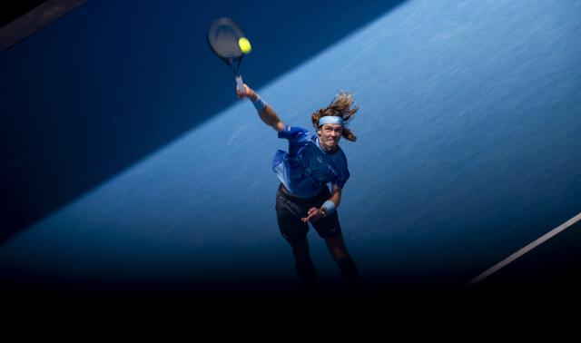 (260121) -- MELBOURNE, Jan. 21, 2026 (Xinhua) -- Andrey Rublev of Russia serves during the men's singles 2nd round match against Jaime Faria of Portugal at the Australian Open tennis tournament in Melbourne, Australia, Jan. 21, 2026 (Photo by Hu Jingchen/Xinhua)