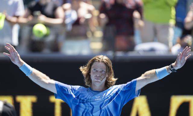 (260121) -- MELBOURNE, Jan. 21, 2026 (Xinhua) -- Andrey Rublev of Russia celebrates after winning the men's singles 2nd round match against Jaime Faria of Portugal at the Australian Open tennis tournament in Melbourne, Australia, Jan. 21, 2026 (Photo by Hu Jingchen/Xinhua)