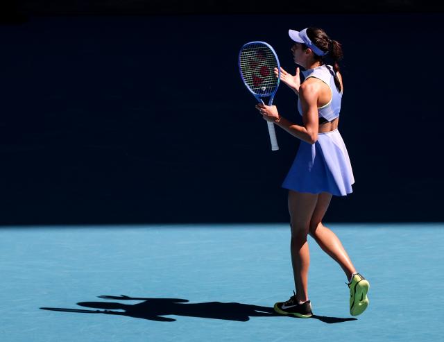 (260121) -- MELBOURNE, Jan. 21, 2026 (Xinhua) -- Olga Danilovic of Serbia reacts during the women's singles 2nd round match against Coco Gauff of the United States at the Australian Open tennis tournament in Melbourne, Australia, Jan. 21, 2026. (Xinhua/Ma Ping)