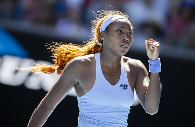 (260121) -- MELBOURNE, Jan. 21, 2026 (Xinhua) -- Coco Gauff of the United States celebrates scoring during the women's singles 2nd round match against Olga Danilovic of Serbia at the Australian Open tennis tournament in Melbourne, Australia, Jan. 21, 2026. (Photo by Hu Jingchen/Xinhua)