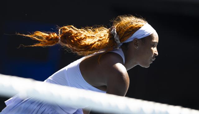 (260121) -- MELBOURNE, Jan. 21, 2026 (Xinhua) -- Coco Gauff of the United States reacts during the women's singles 2nd round match against Olga Danilovic of Serbia at the Australian Open tennis tournament in Melbourne, Australia, Jan. 21, 2026. (Photo by Hu Jingchen/Xinhua)