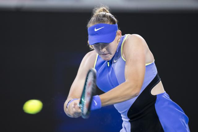 (260121) -- MELBOURNE, Jan. 21, 2026 (Xinhua) -- Mirra Andreeva hits a return during the women's singles 2nd round match between Mirra Andreeva of Russia and Maria Sakkari of Greece at the Australian Open tennis tournament in Melbourne, Australia, Jan. 21, 2026. (Photo by Hu Jingchen/Xinhua)