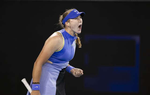 (260121) -- MELBOURNE, Jan. 21, 2026 (Xinhua) -- Mirra Andreeva reacts during the women's singles 2nd round match between Mirra Andreeva of Russia and Maria Sakkari of Greece at the Australian Open tennis tournament in Melbourne, Australia, Jan. 21, 2026. (Photo by Hu Jingchen/Xinhua)